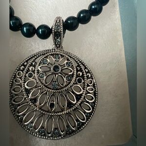 Touchstone Crystal by Swarovski blue faux pearl necklace w/ sparkling medallion